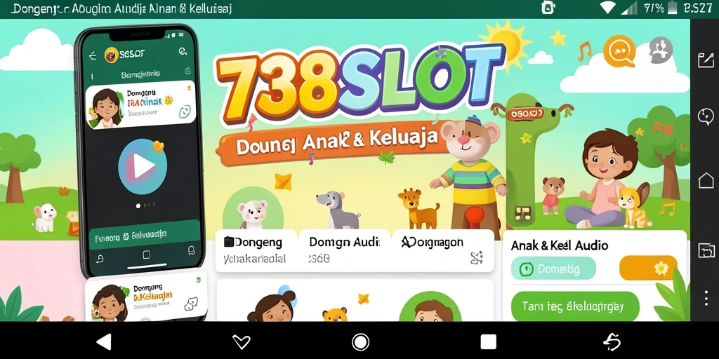 Antarmuka aplikasi 738SLOT yang ramah untuk anak-anak dengan pilihan dongeng audio.