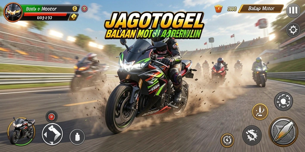 Screenshot menampilkan antarmuka game Balap Motor JAGOTOGEL yang dinamis.